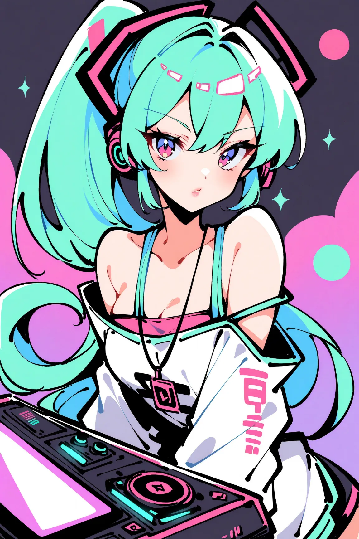 (has the best quality, sketch:1.2),practical,Illustrator ,cunning， Japanese cartoon ,1 girl,  Hatsune Miku ，detailed lips, hand，Off Shoulder， Neon long hair , high ponytail green ， masterpiece,  This style is retro, DJ