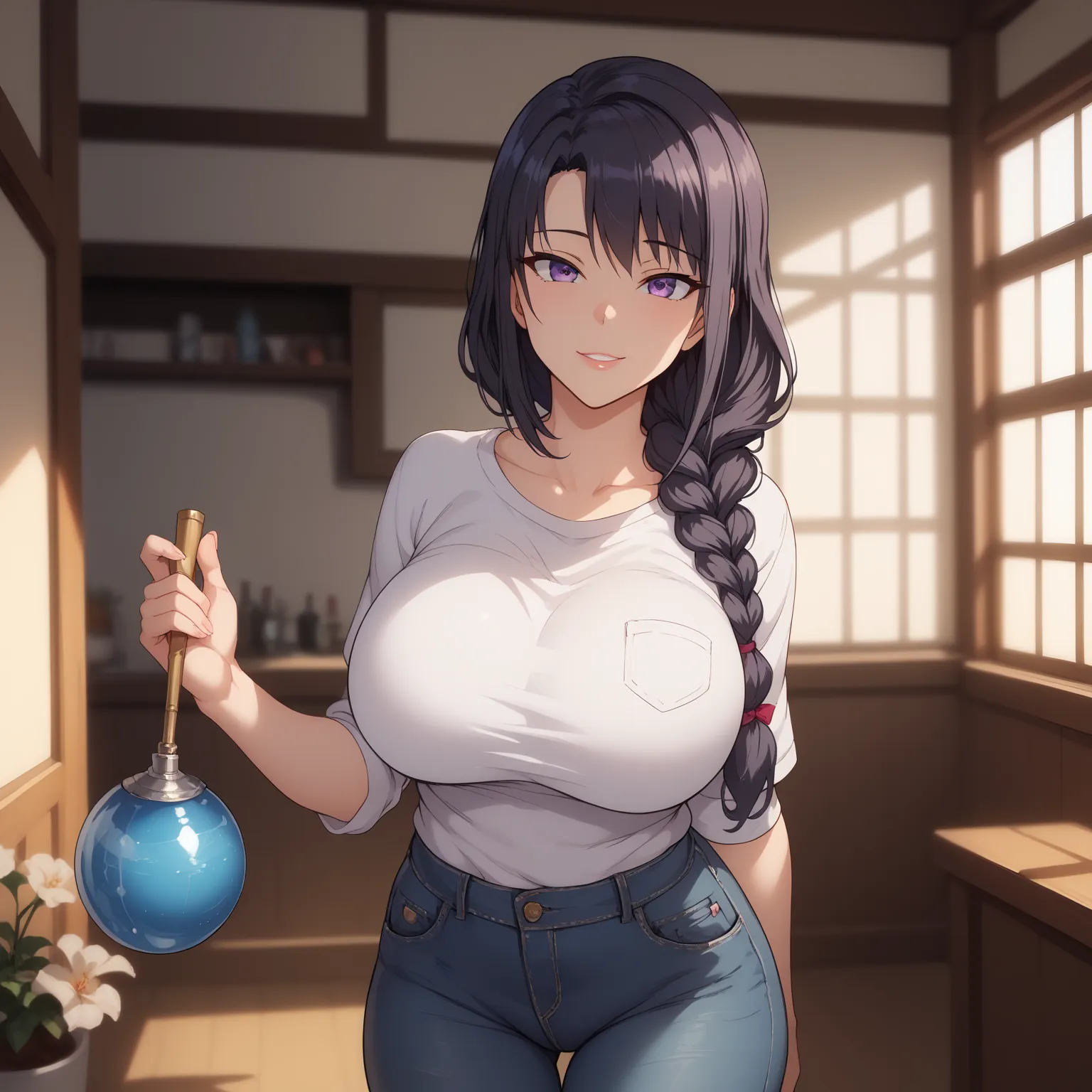  smile,
Alone,
 tsubaki miyajima,1 ,Black hair, single braid, detailed,purple eyes,
big breasts,
shirt,
jeans,