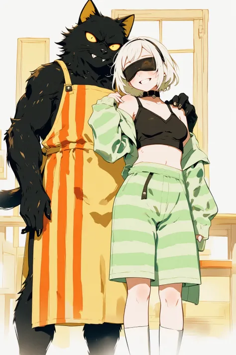 Watercolor painting illustration, 1boy, 1girl, (left boy is yukichi \(dekiru neko wa kyou mo yuuutsu\)\, black fur, fat cat boy, yellow eyes, fangs, furry, furry male, slit yellow eyes, drooping ears, yellow and orange vertical striped apron), BREAK, (righ...