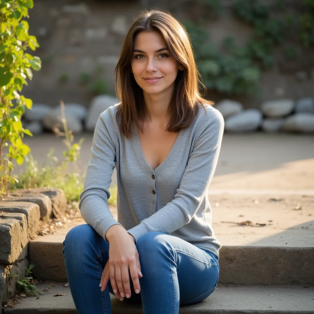 Frau sitzt auf der treppe. Hat einen dünnen Pullover an. Eine Jeans und Turnschuhe  style photorealistic ,  sharp focus, very detailed, sunlight, Detail,  full body