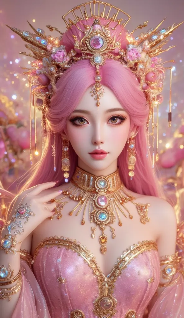 portrait, close-up shot,  young woman, Long Pink Gold Hair, Soft Gentle Smile, wear a glowing pink goddess dress, Decorated with a Pink Tiara,  Graceful and Delicate Beauty , pink temples with sparkles in the background, Magnificent and Sacred Ambiance,  F...