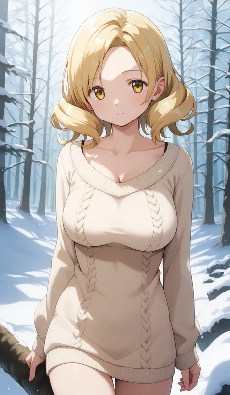 masterpiece, best quality, detailed beautiful face and eyes, very detailed background, Mami Tomoe, megami magazine, medium blonde hair, parted bangs, yellow eyes, large breasts, 1girl, cowboy shot, snowy forest, knit sweater dress, bare legs, collarbone