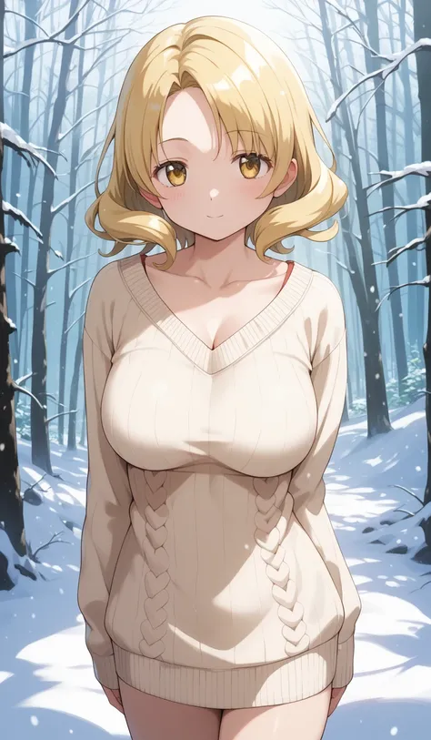 masterpiece, best quality, detailed beautiful face and eyes, very detailed background, Mami Tomoe, megami magazine, medium blonde hair, parted bangs, yellow eyes, large breasts, 1girl, cowboy shot, snowy forest, knit sweater dress, bare legs, collarbone