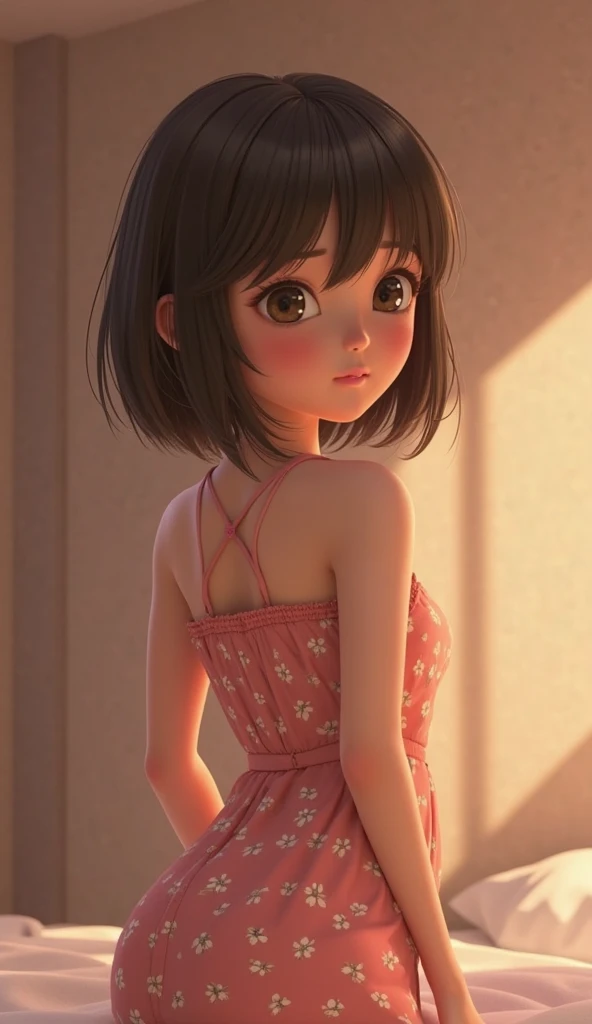 break:  a Japanese woman in her 20s 、 bob cut from behind、 dark brown hair、3D animation style, Pixar-like, DreamWorks-style。  Waking up、Bedhead、 jpainful expression、Nightwear
