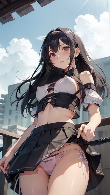 Best Quality、Best Quality、Ultra High Resolution 、((erotic anime style girls))、basic perverted type、blush、  black hair 、long hair、(Crop Top Off Folders 、Show me medium breasts and nipples、 pleated mini skirt、エロpantiesは((have holes in the crotch part、pussy i...