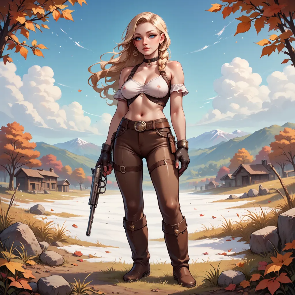 masterpiece, high quality, high res,Female play Guitar,gorgeous tall body, blonde hair, braid, blue eyes, boots, choker, earrings, gloves, perfect hands, (holding gun, colt revolver), jewelry, long hair, midriff, solo, standing, thigh boots, cowgirl, ranch...