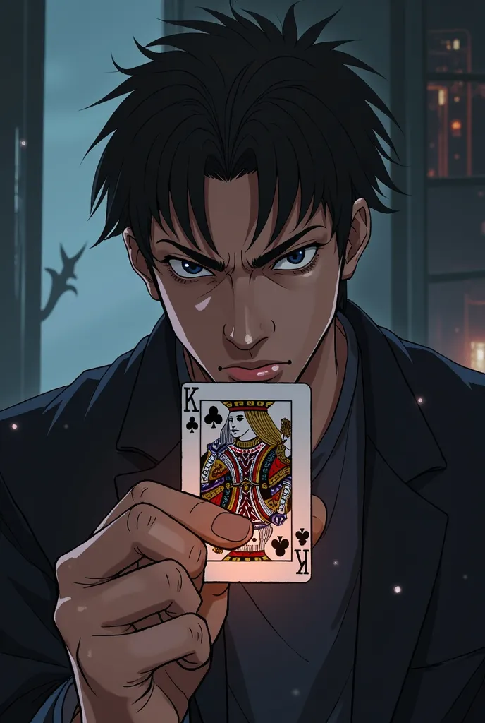 Anime picture of a man about 27 years old, with hair up to his neck, smiling insensibly, using his index finger to his middle finger, holding a black king card.