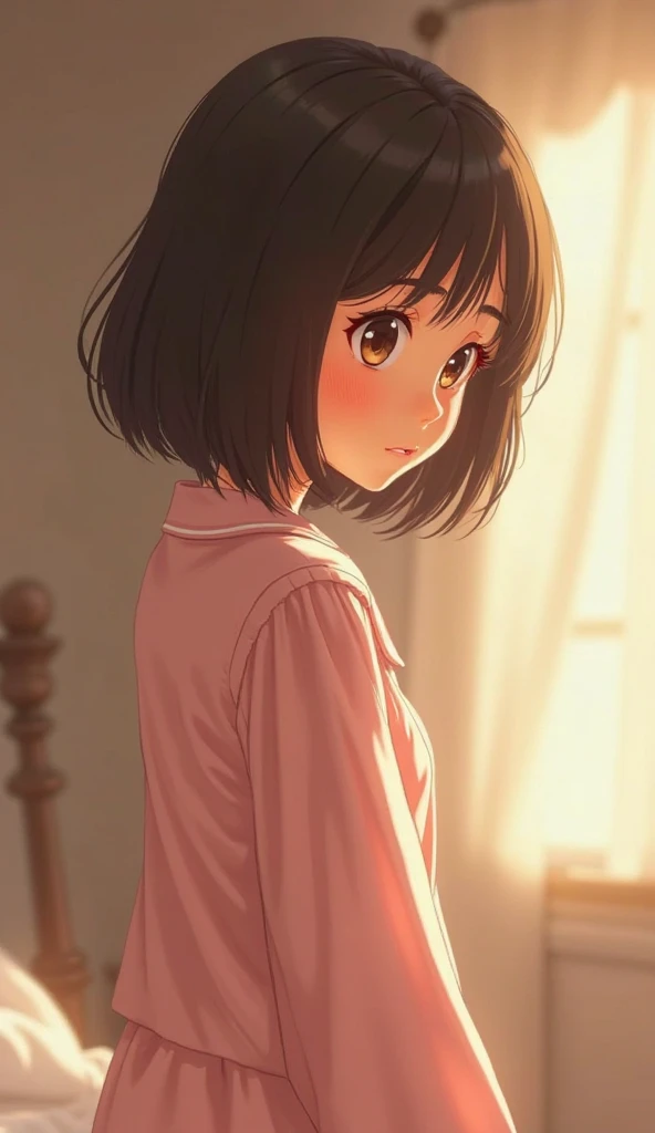 break:  a Japanese woman in her 20s 、 bob cut from behind、 dark brown hair、3D animation style, Pixar-like, DreamWorks-style。  Waking up、Bedhead、 jpainful expression、 pajamas、full body
