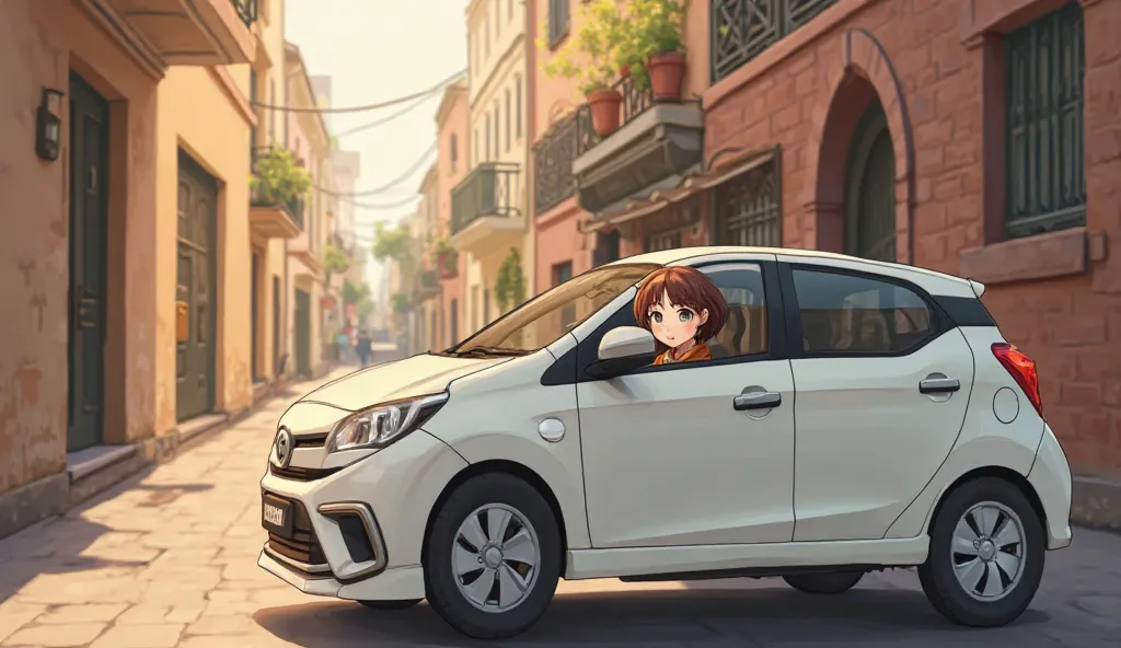 Rear view of a Toyota Yaris XL 1.5 white 2022 parked near an alley, driven by a brown-haired girl, Anime Style. 