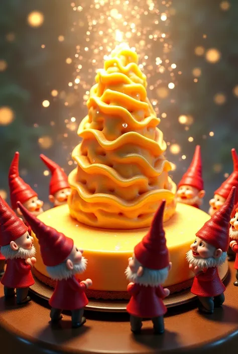 "Tiny gnomes standing proudly around their giant cheesecake creation, admiring their work. One gnome takes a small bite, eyes twinkling with delight. A warm, magical glow surrounds the scene.