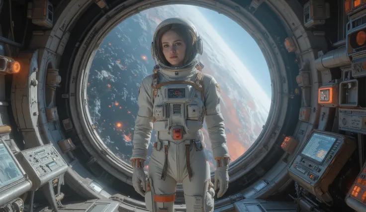 A female astronaut with her helmet on and standing in a futuristic space station with a circular lock where you can see the atmosphere of a reddish planet, , beautiful detailed eyes, beautiful and detailed lips, extremely detailed face and eyes, long tabs,...