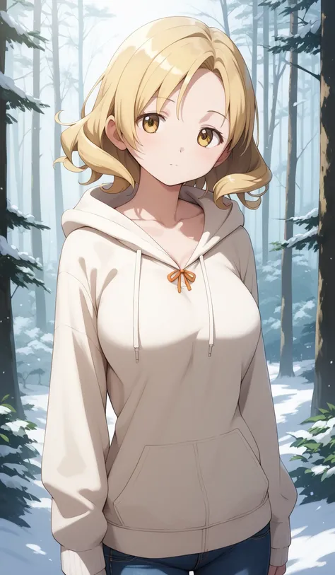 masterpiece, best quality, detailed beautiful face and eyes, very detailed background, Mami Tomoe, megami magazine, medium blonde hair, parted bangs, yellow eyes, large breasts, 1girl, cowboy shot, snowy forest, collarbone, hoodie, jeans