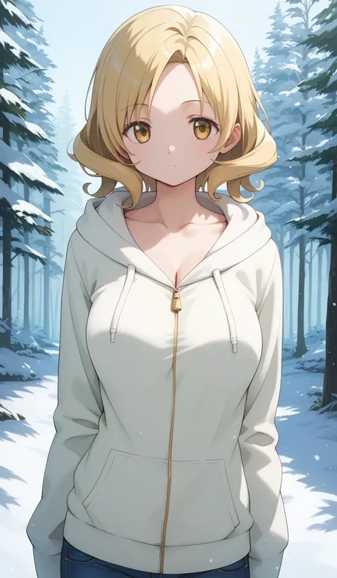 masterpiece, best quality, detailed beautiful face and eyes, very detailed background, Mami Tomoe, megami magazine, medium blonde hair, parted bangs, yellow eyes, large breasts, 1girl, cowboy shot, snowy forest, collarbone, hoodie, jeans