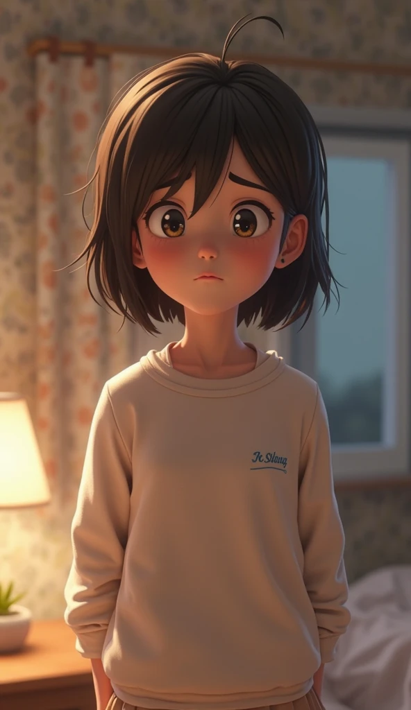 break:  a Japanese woman in her 20s 、 bob cut from behind、 dark brown hair、3D animation style, Pixar-like, DreamWorks-style。  Waking up、Bedhead、 jpainful expression、I'm wearing a sweatshirt、full body
