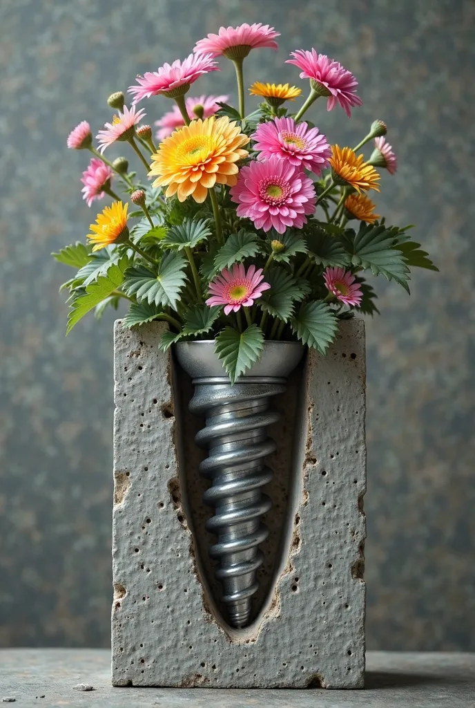 A dental implant that is nailed to a concrete block, flowers sprout on its surface