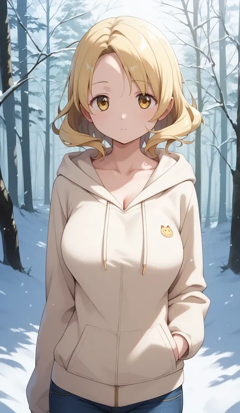 masterpiece, best quality, detailed beautiful face and eyes, very detailed background, Mami Tomoe, megami magazine, medium blonde hair, parted bangs, yellow eyes, large breasts, 1girl, cowboy shot, snowy forest, collarbone, hoodie, jeans