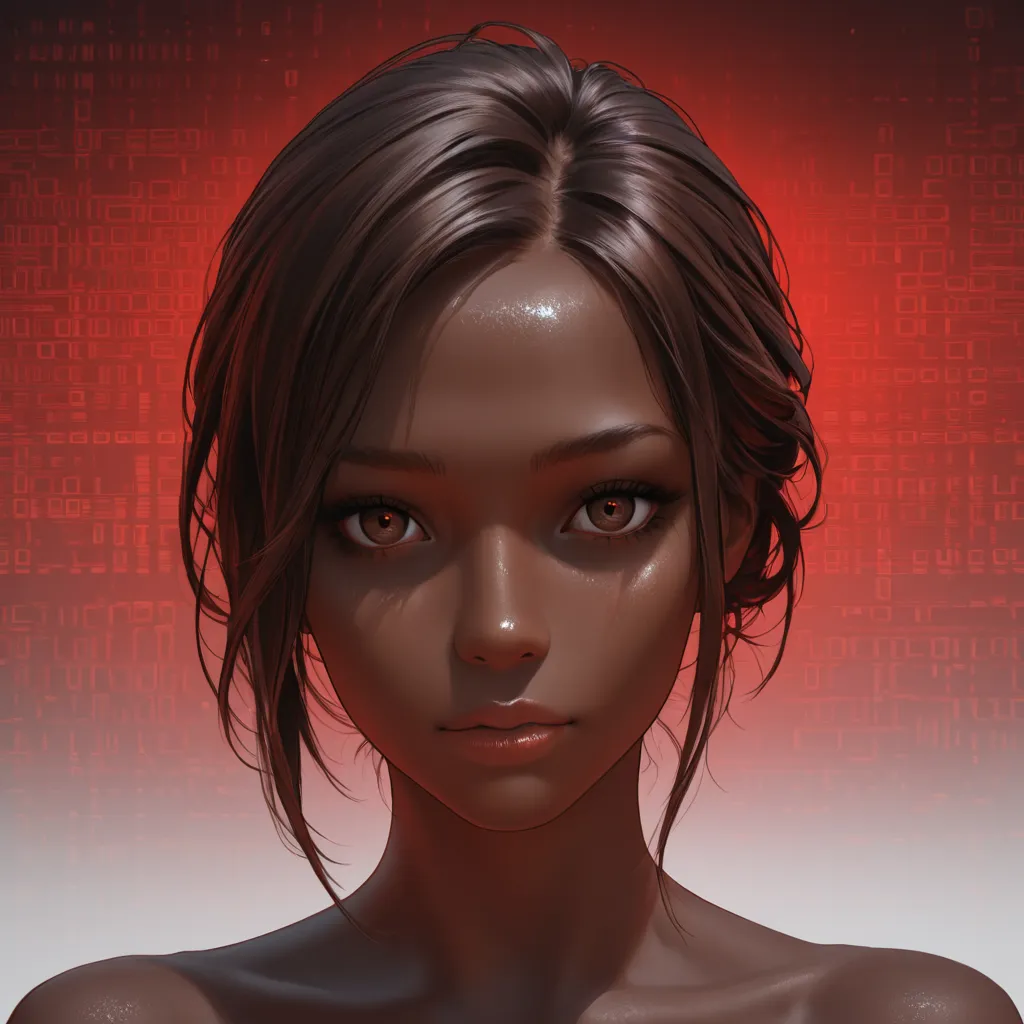 The transparent ghost of a totally naked woman with dark brown skin and long dark brown hair trapped in a cyclic digital hell formed by red binary symbols. Symbolic image, surrealistic, abstract. Front view.