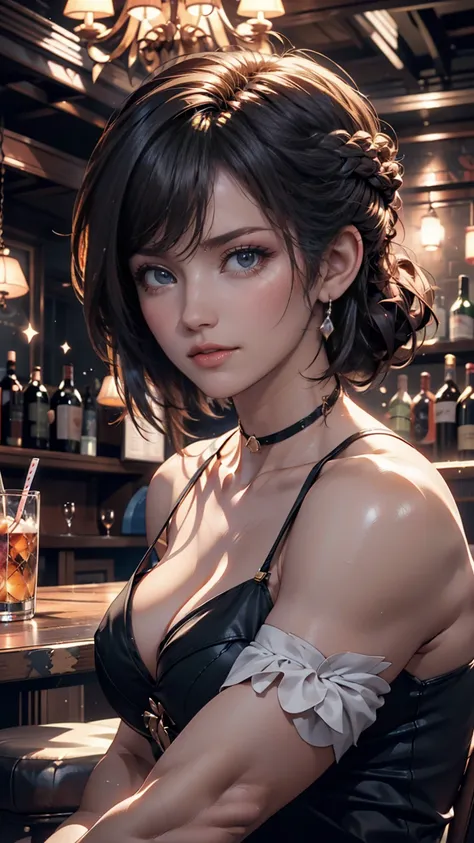 portrait photo of ブリットベイカー beautiful woman hair updo upsweep nightclub sitting at bar (masterpiece) (best quality) ( Details) (8k) (Hi-Res) ( wallpaper) (cinematic lighting) (sharp concentration) (complicated) 