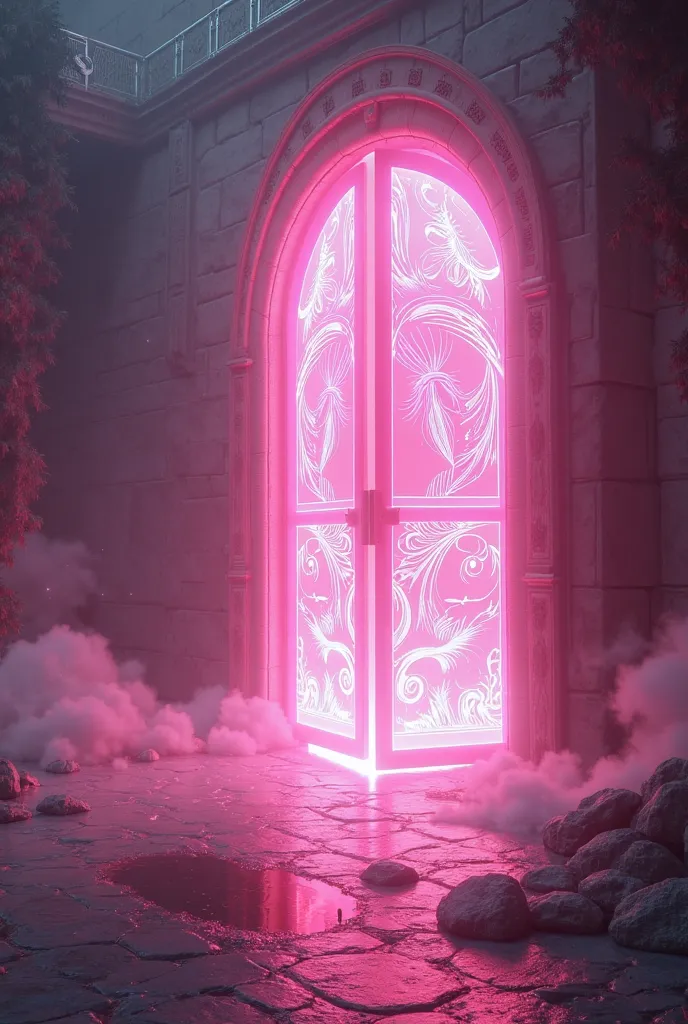 Anywhere door, glowing portal, glowing pink doors open, best quality, high resolution, ultra detailed, 