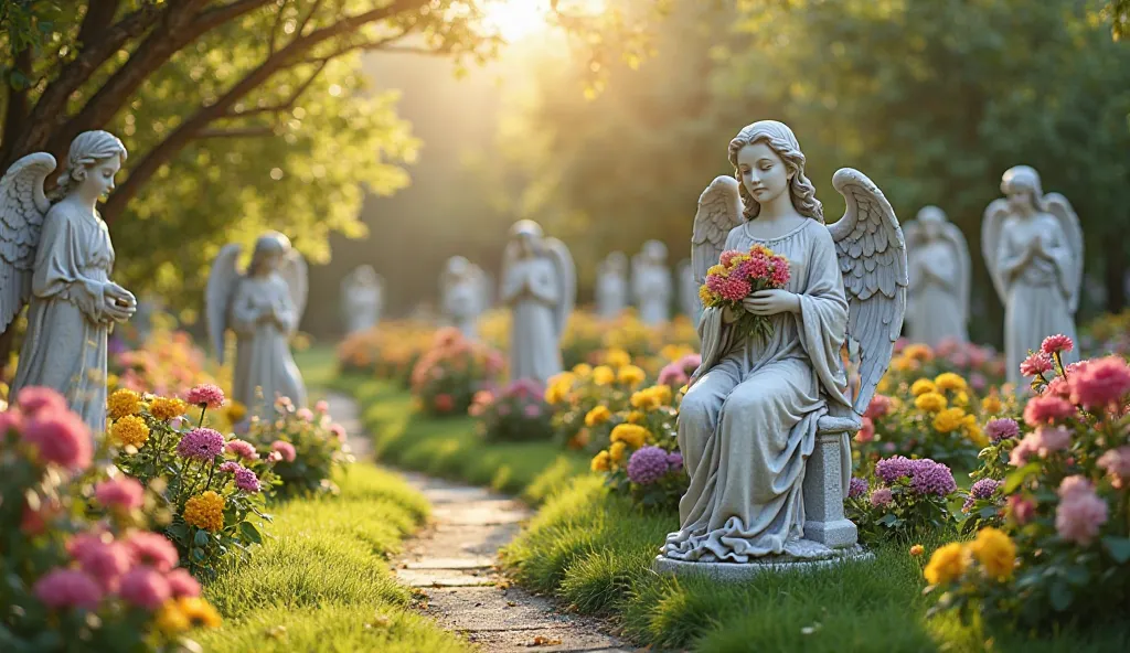 A picturesque garden scene featuring multiple angel statues, including a central seated figure holding flowers. Surrounding them are blooming flowers in shades of pink, yellow, and purple, enhancing the vibrant colors of the scene. The sunlight streams thr...