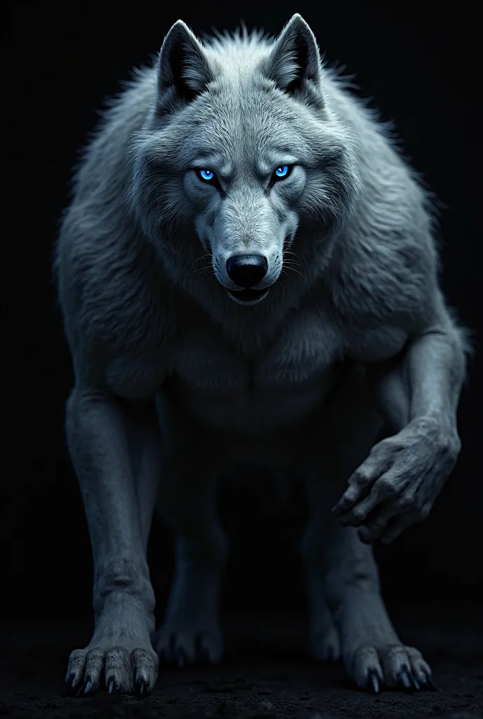 muscular wolf with blue eyes and a black background