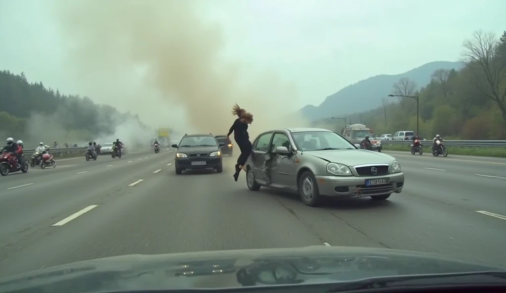 a dramatic and chaotic car accident on a highway. A silver car with a severely damaged front has collided with a motorcycle, causing a woman in black clothing to be thrown into the air. Multiple other accidents and overturned motorcycles are visible in the...