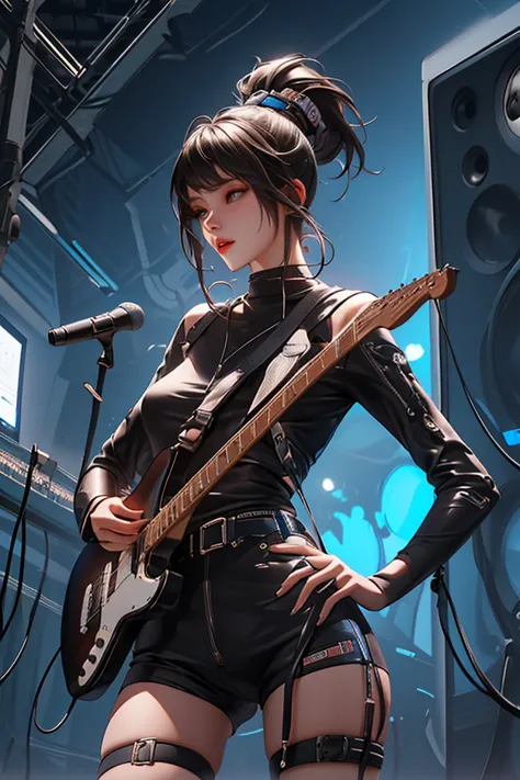 A future rocker is playing， She's a female singer， cyberpunk， She has a tech-filled sound next to her， music equipment，  