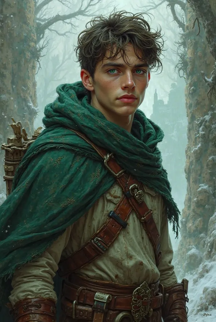 20-year-old rogue man,pale skinned,emerald eyes,ragged clothing and Dungeons And Dragons character 