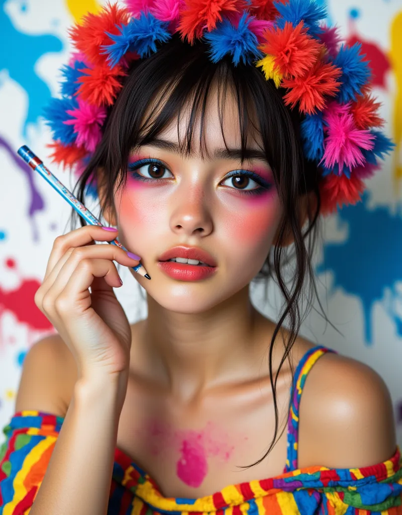 8k, masterpiece, Best Quality,  vibrant, The image shows a person with a vibrant and colorful makeup and hairstyle. The individual has a bold, colorful eye makeup with blue and pink hues, and their cheeks are adorned with a similar color palette. They are ...