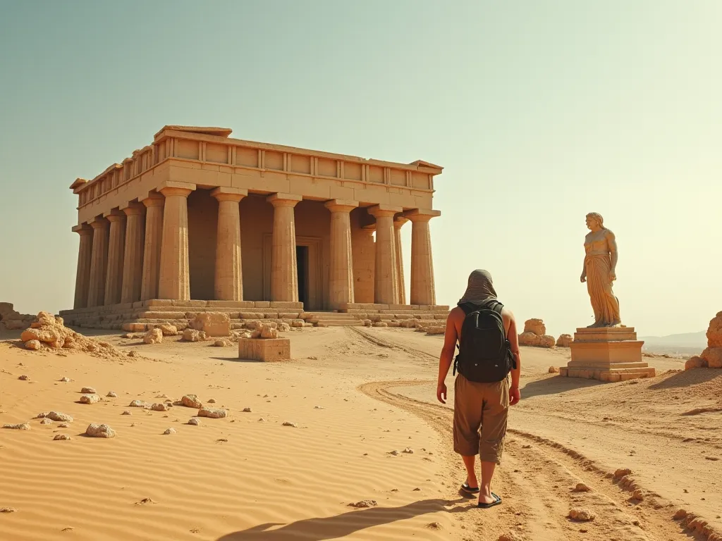 In the desert of Giza, there is a ruined temple, and all that remains of the temple are the decayed and broken pillars and a destroyed Greek statue. It is located in the middle of the desert. A foreigner walks through the sandy desert to the temple. .