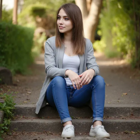 Frau sitzt auf der treppe. Hat einen dünnen Pullover an. Eine Jeans und Turnschuhe  style photorealistic ,  sharp focus, very detailed, sunlight, Detail,  full body