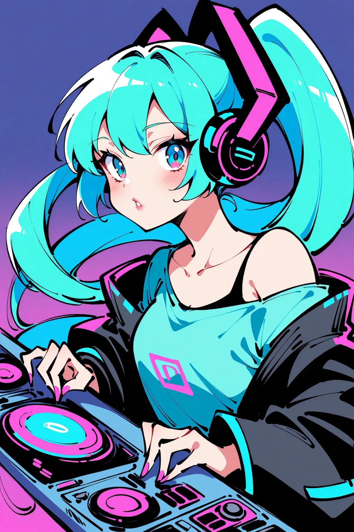 (has the best quality, sketch:1.2),practical,Illustrator ,cunning， Japanese cartoon ,1 girl,  Hatsune Miku ，detailed lips, hand，Off Shoulder， Neon long hair , high ponytail green ， masterpiece,  This style is retro, DJ