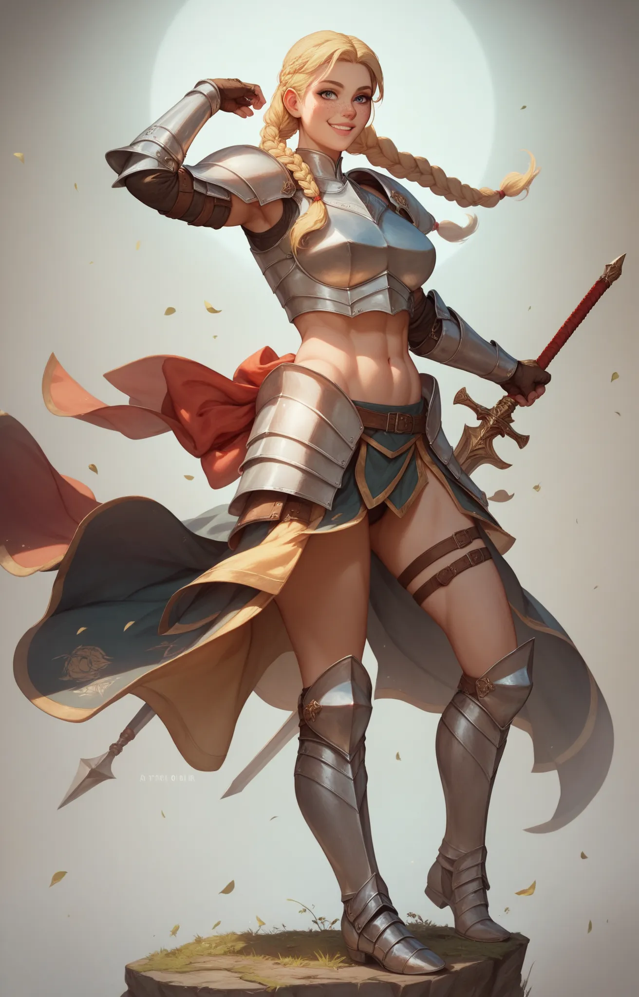 high quality image, 8k resolution, detailed image, full body picture, athletic body type, 20 year old female knight, sexy armor showing midriff, blonde braided hair, twin-tails hairstyle, dynamic pose, looking at viewer, confident smile, freckles