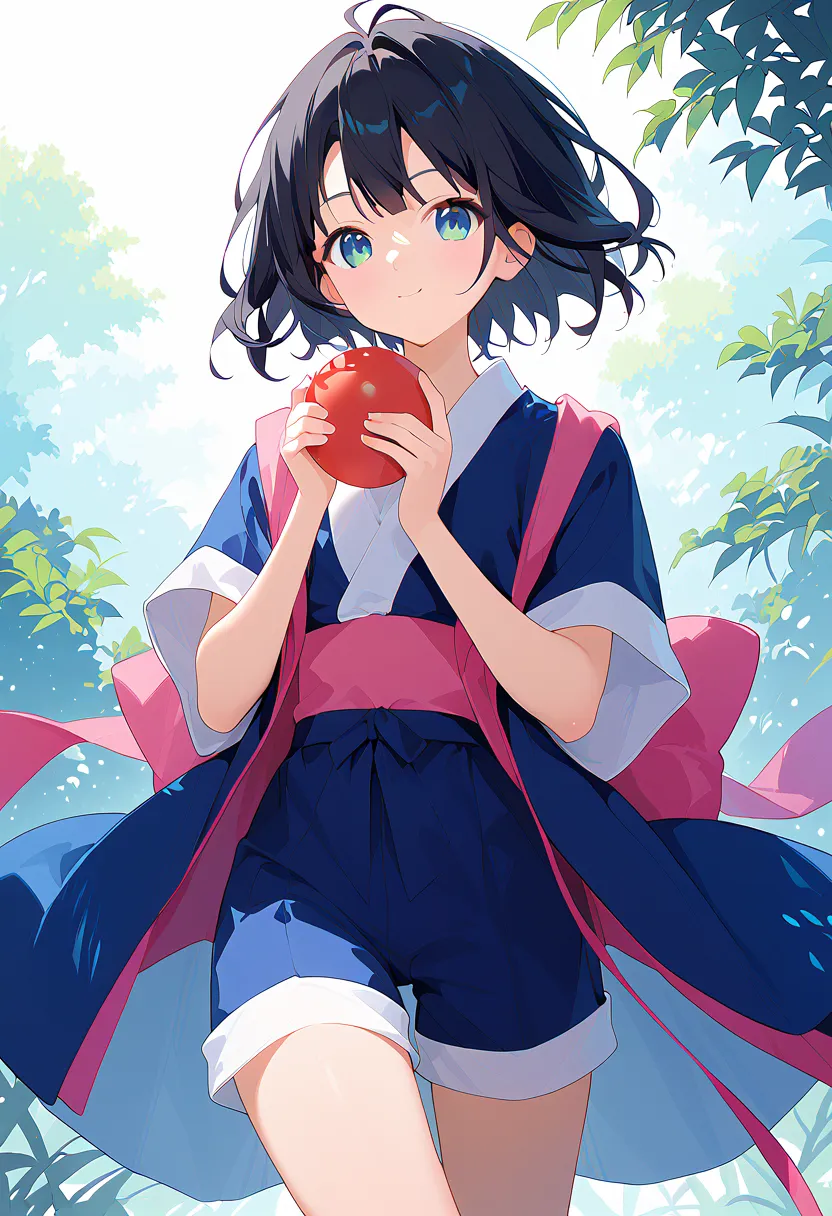 Makimachi Misao、 black hair、 bundled hair、Kimono short sleeves、Kimono shorts、with pink ribbon on the back