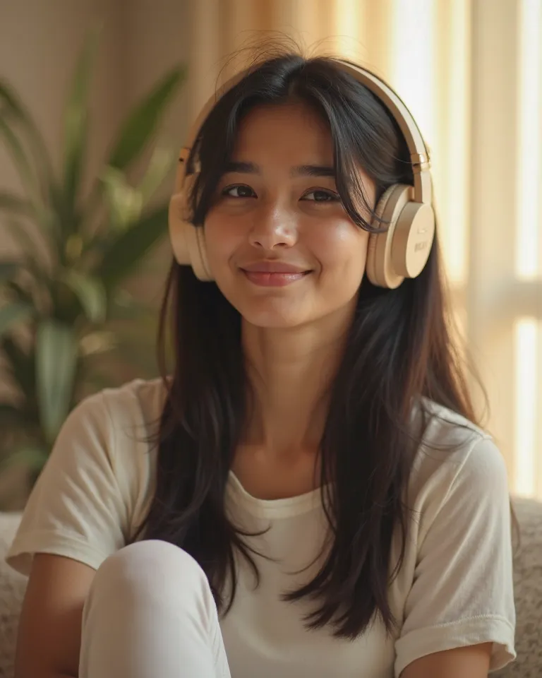 A 30 year old  young woman of pakistani  , medium skin tone , with long straight black hair , is wearing over-ear, light beige headphones.  She is  looking towards camera  looking towards the center of the image , giving an expression of peacefulness or co...