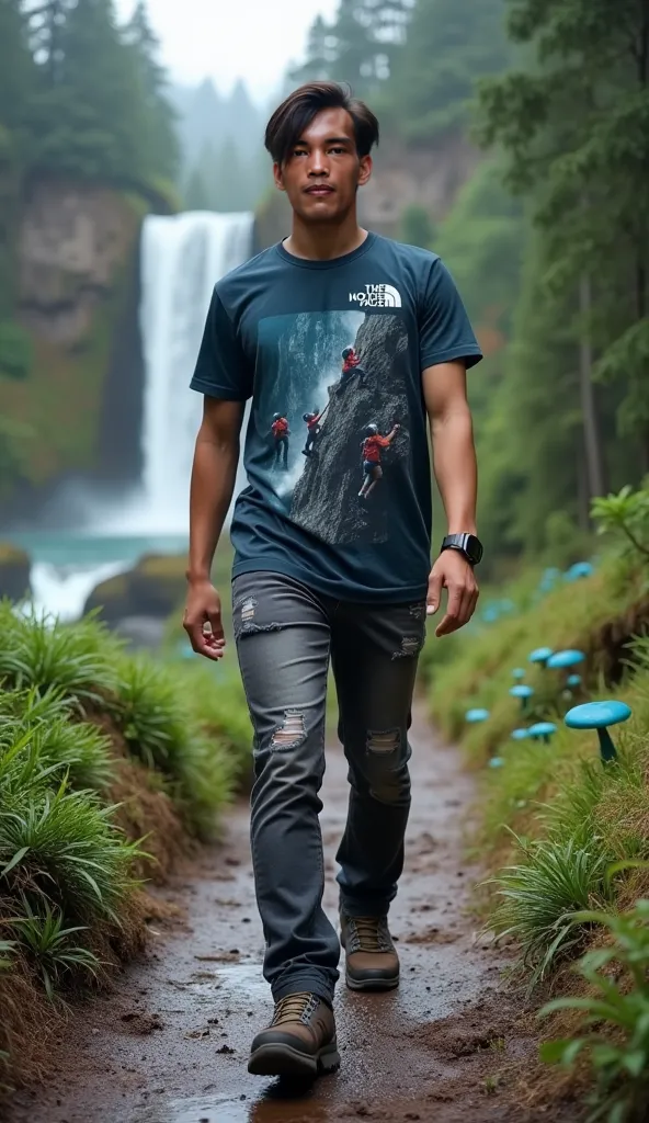 full-length photo of a 29-year-old young Asian man with tanned skin tone, facial details, skin texture, and straight hair styled with a side parting.Wearing A dark Misty blue short -sleeved shirt with pictures of people climbing high cliffs With the writin...