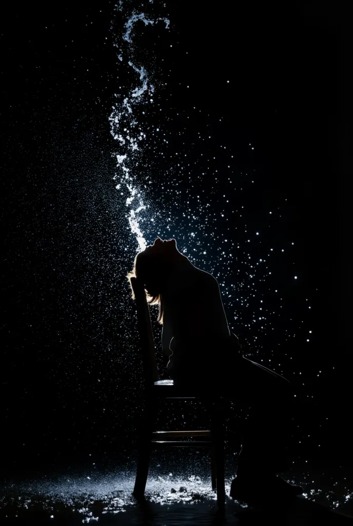 Create image of a silhouette of a person bending backwards over a chair, their head is tilt back looking straight up.  The person has the right arm reaching straight up and the left arm is holding them up off the chair.  water splashing above them against ...