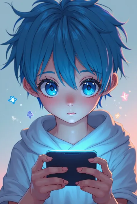 Blue hair anime boy, playing mobile game