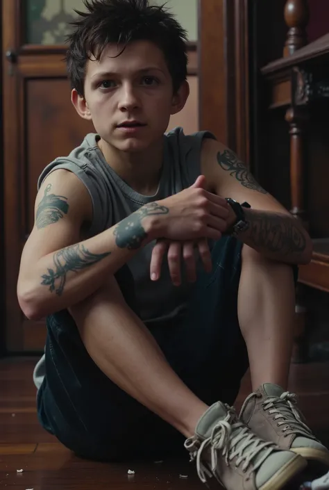 Ultra-HD cinematic close-up movie poster, gothic horror action aesthetic** , score_9, score_8_up, score_7_up, highly detailed, 16k,(((SPIKED HAIR, TATOO))), , boy on FLOOR, FULL BODY, (((CAMERA VIEW FROM FAR))), , , YOUNG BOY, , , ,, soft front right and l...