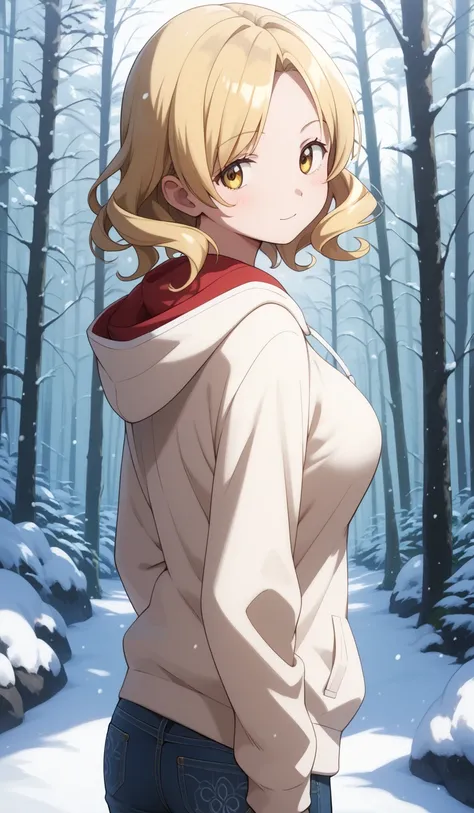 masterpiece, best quality, detailed beautiful face and eyes, very detailed background, Mami Tomoe, megami magazine, medium blonde hair, parted bangs, yellow eyes, large breasts, 1girl, cowboy shot, snowy forest, looking back at viewer, hoodie, jeans