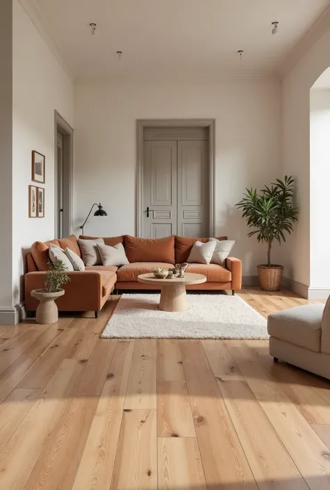 Wide view of a living room with honey-colored wood-effect stoneware floor, white plinth, muri bianchi, dove-colored doors and brick-colored sofa