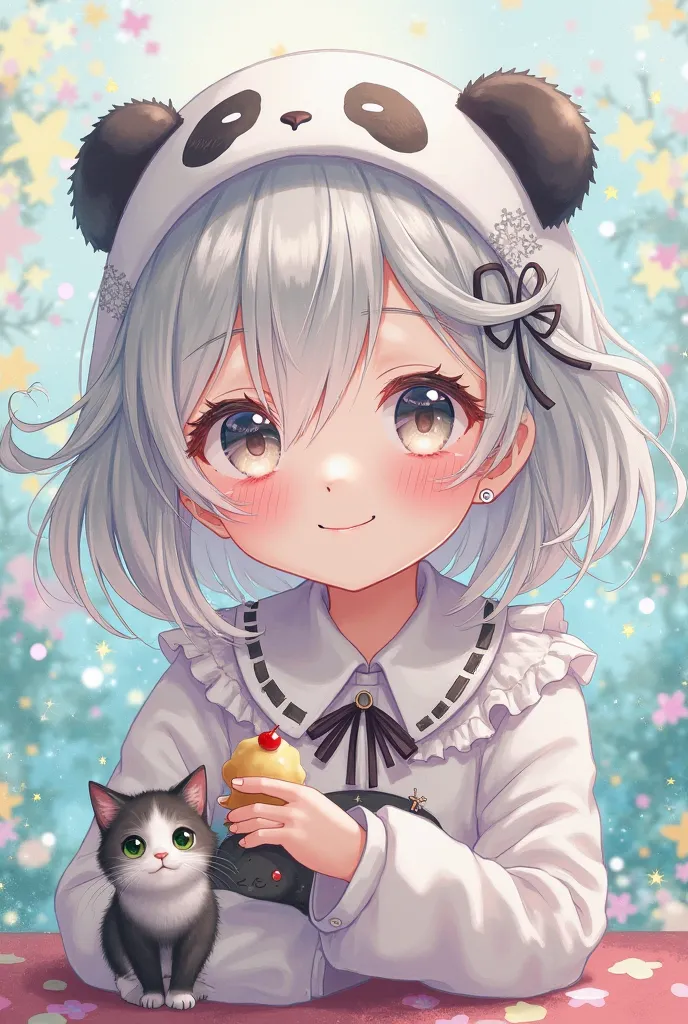  girl 　 HD　 watercolor　 sparkle　 anime style　smile　 Panda Ear　 Silver Hair　There is a cat　eyes are gray　One cat sticks together　Hindyman　 eat sweets