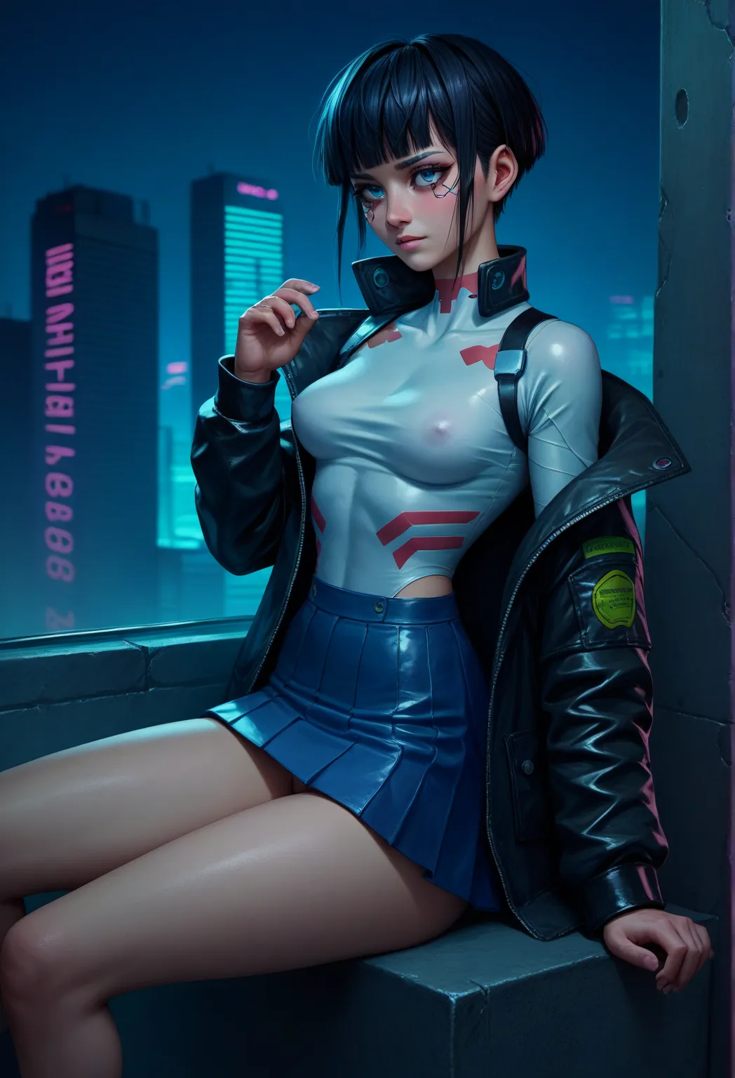 A mysterious kuudere biker girl with pale skin, short black hair, wearing a leather jacket and ripped short kirt, sitting on sawhorse, cool expression, cyberpunk city lights, anime style, highly detailed, tits out, no panties, skirt flip,