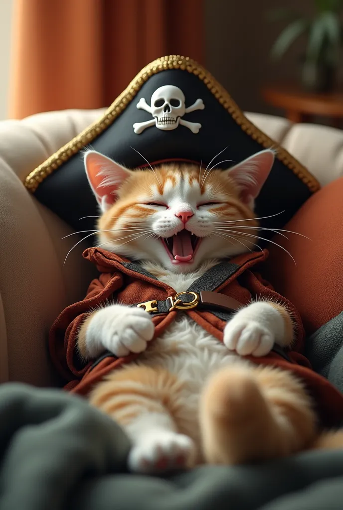 scenes: Lazy pirate cat lying on the couch,  lim dim eyes , long yawning mouth 3d