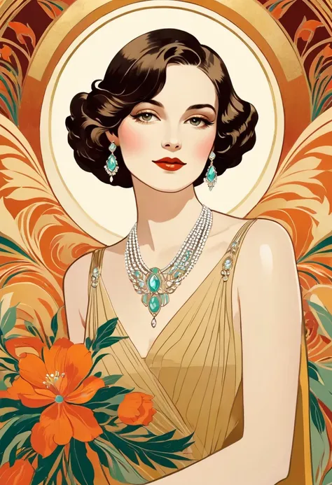 Masterpiece Painting, Feminine Art , Art Deco,  flat illustration , vecter art, flower, jewelry, beautiful woman,