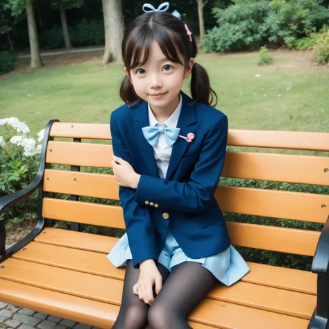  The girl is holding a young boy's little one,blazer uniform,Knee-length skirt,20 years old,cute girl,masterpiece,4K,8k,16k,( wearing black tights :1.5),(:1.5), hairpins, sitting on a park bench,very thin,on,A girl happily sucks a young boy's very large pe...