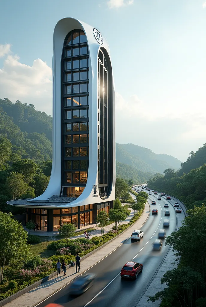 Created a Futuristic Luxury Building, glossy architecture, Futuristic variation tower, Slight Variations of white and Black color on the Wall architecture, with the logo "RUSDHY HOTEL", midday, ((Adjacent to the highway and lots of cars passing by)), ((hig...