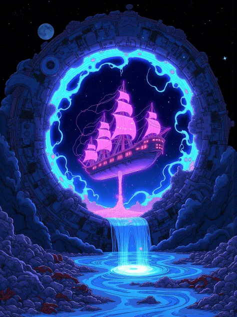  The sunken pirate ship that appeared from the glowing portal drawn with a thin brush , The portal is huge and round,Drawing vortexes of energy and light radiating,Colors are blue and purple、Fantastic colors such as gold,Drawing light leaking out of the po...