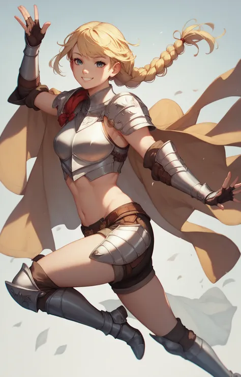 high quality image, 8k resolution, detailed image, anime style, full body picture, 20 year old female knight, sexy armor showing midriff, blonde braided hair, twin-tails hairstyle, dynamic pose, looking at viewer, confident smile, freckles