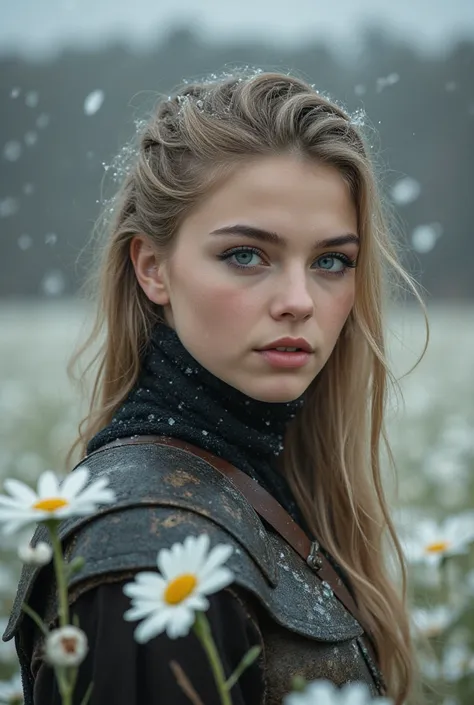 Viking warrior girl,facing viewer,medieval armour,Waling through field of flowers,heavy snow,Natalie dormer, Ethereal,Portrait,Closeup, portrait,girl posing,Closeup candid photo,Hailee steinfeld  and Maddison beer ,,Closeup,Young ,Voluptuous,,Youthful , ,S...